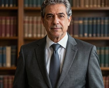 Professional portrait of a mature Brazilian man in an elegant suit, standing in front of a refined library background, looking authoritative and welcoming.
