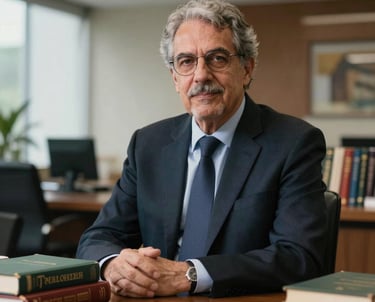 Portrait of a distinguished professor in a refined office setting, surrounded by academic journals and books, in a contemporary Brazilian university environment.