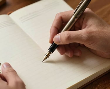 A close-up of a North American hand holding a vintage fountain pen over a parchment-colored planner, warm brown wood desk.
