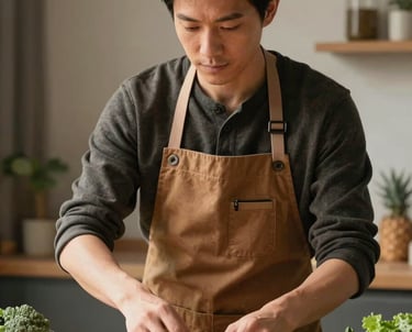 Portrait of a professional creative director in a North American studio, wearing a warm brown apron, carefully arranging a display of fresh produce for a shoot.