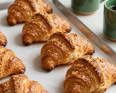 A North American bakery scene with parchment-lined trays of golden croissants, accented by forest green ceramic mugs.