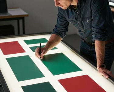 A creative strategist in a North American studio, leaning over a light table with forest green and crimson brand boards.
