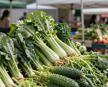 A North American farmers market scene on a Saturday morning, with parchment-colored tents and stalls full of vibrant, forest green vegetables.