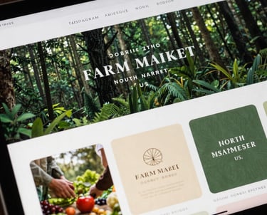 A close-up of an iPad display showing a series of forest green and parchment-toned Instagram templates for a farm market, North American / US.