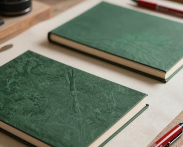 A close-up of a rustic creative workshop in a North American studio, with forest green sketchbooks and crimson ink pens on a parchment desktop.