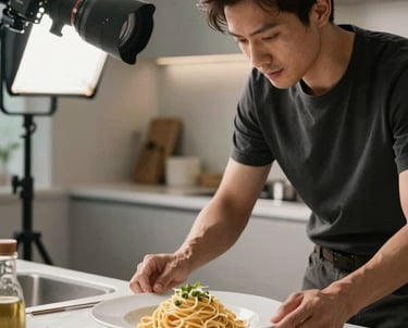 A food photographer in a North American kitchen studio adjusting lighting over a plate of artisanal pasta, modern and professional atmosphere.