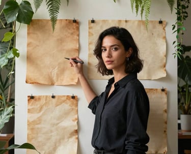 A professional North American woman in a creative studio environment, surrounded by forest green plants and parchment-colored mood boards.