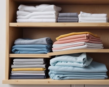 Cozy laundry room with soft pink accents and neatly folded clothes on wooden shelves.