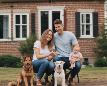 A happy young couple holding keys in front of their new home on a sunny day.