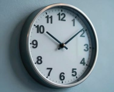 A high-speed motion blur of a clock on a wall, symbolizing fast delivery and efficiency, in soft steel blue and mist blue tones.