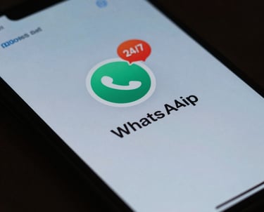 A close-up of a smartphone displaying a chat application with a notification icon, representing 24/7 WhatsApp support, in deep teal and mist blue colors.