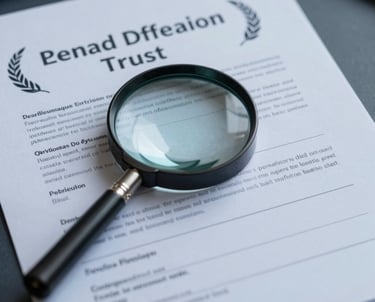 A magnifying glass over a verified certificate document on a professional desk, signifying authentication and trust, in mist blue and charcoal blue.