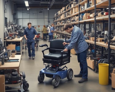 Technician carefully repairing a mobility scooter in a bright workshop.