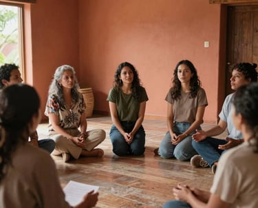 A diverse group of adults in a workshop setting with warm, terracotta-colored walls. They are engaged in a mindful discussion, soft lighting, South American residential architecture in the background, professional and inspiring atmosphere.