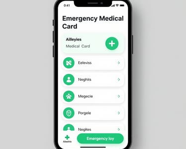 A clean, modern digital emergency medical card displaying allergies, medications, and emergency contacts.