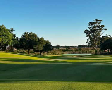 a golf course with a pond and trees