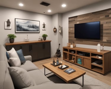 A cozy living room mid-renovation with fresh drywall and new lighting.