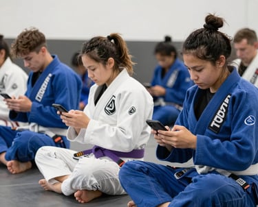 A vibrant jiu-jitsu competition scene with athletes in action and a lively crowd in the background.