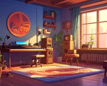 ome studio with keyboard, plants and sunlight — creative ambient workspace.