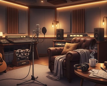 Cozy vintage recording studio with guitar, microphone and coffee cup.