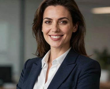 Professional headshot of a dynamic Moldovan woman executive in her 30s, smart business casual attire, smiling confidently, high-quality corporate headshot lighting.