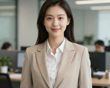Corporate portrait of a young professional woman coordinator in an office setting, smart attire, confident and welcoming expression.