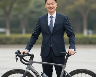 Corporate portrait of a professional technical manager standing next to a modern road bike, smiling, natural soft focus background.