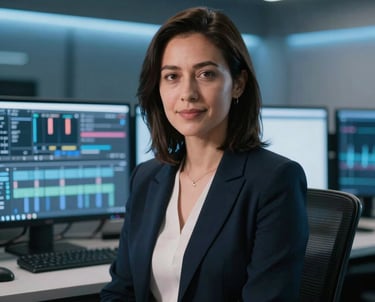 Professional portrait of a female editor in a modern editing suite. Cool blue lighting from screens, focused and professional demeanor.