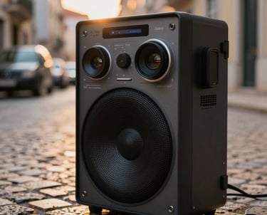 Close-up of a high-end sound recorder in a Lisbon street. Cobblestones and warm sunset light in the soft-focus background.