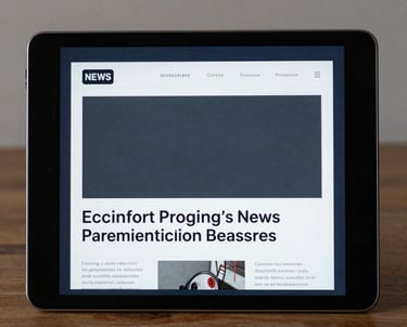 A digital tablet showing a minimalist news interface in slate and midnight blue tones. Sharp typography and clean layout.