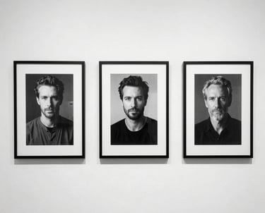 An art gallery wall in Portugal with black and white photography framed in simple charcoal frames. Clean, minimalist aesthetics.