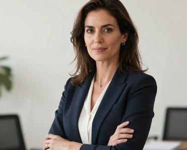 Professional portrait of a female strategist in a bright office in Lisbon. Clean off-white background, elegant and professional appearance.