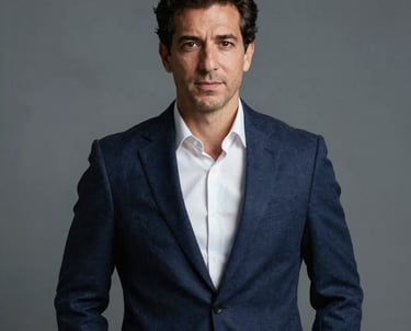 Professional portrait of a male media director in Lisbon, wearing a navy blazer, standing against a slate grey background. Soft cinematic lighting, sophisticated look.