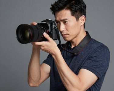 Professional portrait of a male photographer in a minimalist studio. Slate grey background, holding a professional camera, sharp and focused look.