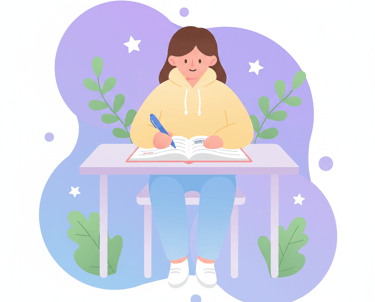 Cute flat vector artwork of a college student writing notes in a diary with a pen, pastel purple and