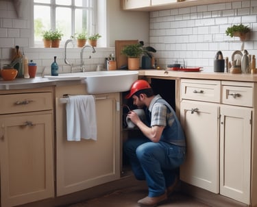 A maintenance worker fixing a leaky faucet in a bright kitchen.