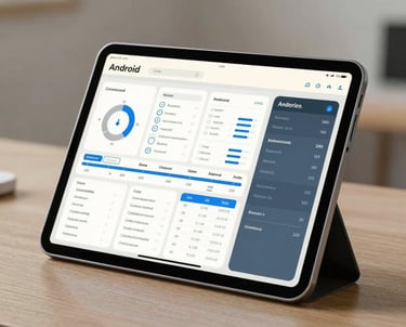 A photograph of an Android tablet propped up on a desk, showing a sleek medical dashboard with professional data visualizations in off-white and steel blue.