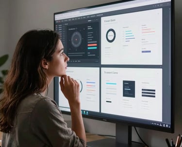 Candid photography of a woman designer looking thoughtfully at a collection of digital UI mockups on a sleek wall display in a North American / US studio.