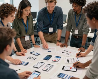 A beautiful photograph of a diverse team in a North American / US office standing around a large table, reviewing printed mobile application screenshots and diagrams.