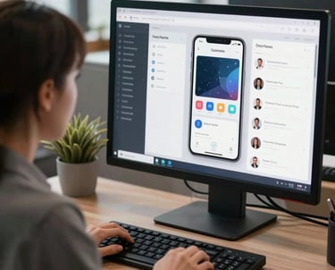 A sharp photograph of a woman working at a computer in a modern North American / US office. The monitor displays a high-fidelity prototype of a mobile app interface.