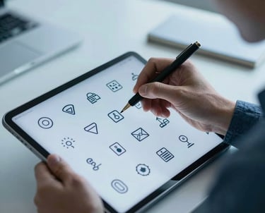 A sharp, detailed photograph of a creative professional drawing icons on a digital tablet in a modern office. Tones of steel blue and light blue dominate the scene.