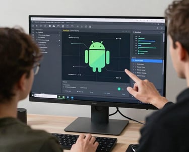 Action shot of two designers in a North American / US studio discussing a digital project displayed on a large high-resolution monitor. The screen shows a complex Android interface architecture.