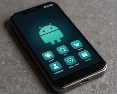 Photography of a sleek, dark-themed home screen on an Android phone, featuring custom teal icons and a minimalist layout. Neutral lighting.