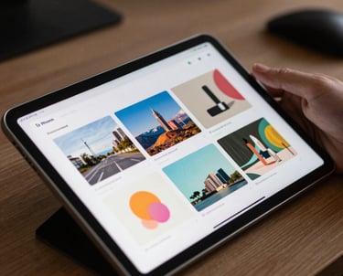 Modern photography showing an Android tablet used in a North American / US creative studio. The screen shows a complex, colorful layout for a creative app. Soft focus background.