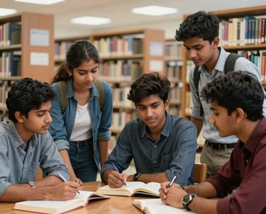 A group of South Asian students collaborating in a bright, academic library setting. They are sitting at a wooden table with books, expressing academic excellence and mutual support.