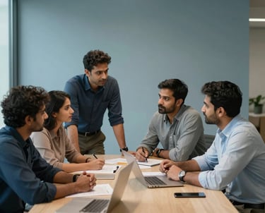 A professional South Asian team discussing projects in a minimalist, modern office space. The lighting is soft and professional, with a palette of muted blue and sand-colored decor.