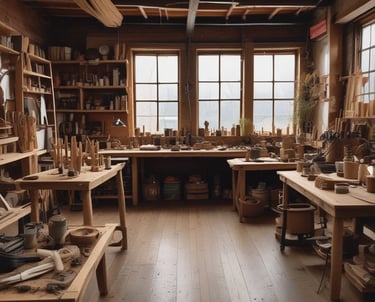 Warm artisan workshop with hands sorting wood, leather, and metal scraps under soft natural light.