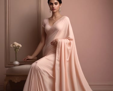 A graceful model draped in a flowing saree, posing softly against a minimalist backdrop.