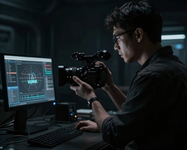 A scientist filming a nature documentary in a misty forest at dawn.