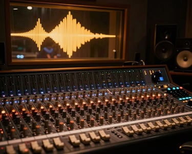 A moody film set illuminated by soft amber lights, capturing a director and crew in action.